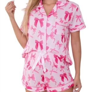 Lindo conjunto de pijama feminino com laço de botão, manga curta, 2 peças, roupa de dormir, B - Rosa, G