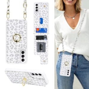 Lipvina Capa para Samsung Galaxy S21 FE com suporte para cartão e alça para mulheres, cordão transversal, suporte de anel, fecho de pressão, capas de carteira de telefone fofas 6,4 polegadas (leopardo