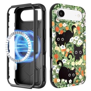 LISEVO Capa para iPhone 17 Air - Capa protetora magnética fofa para celular MagSafe com flores de gato preto resistente à prova de choque Funda para iPhone 17 Air