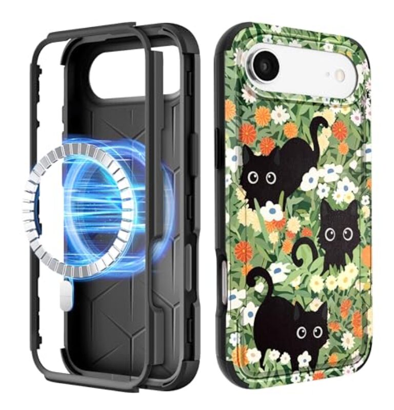 LISEVO Capa para iPhone 17 Air - Capa protetora magnética fofa para celular MagSafe com flores de gato preto resistente à prova de choque Funda para iPhone 17 Air