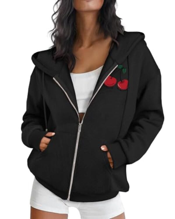 LovelyWholesale Moletom feminino grande com zíper casual com estampa cereja, Preto, P