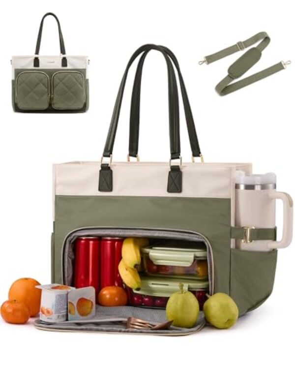 LOVEVOOK Bolsa de almoço feminina, bolsa de trabalho 2 em 1 com compartimento isolado, bolsa de laptop de grande capacidade de 15,6 polegadas com suporte de copo para professores, enfermeiras