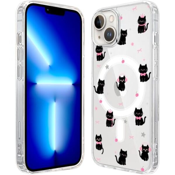 LuGeKe Capa para iPhone 17 Pro Max, gato preto com estrelas e laços compatível com acessórios MagSafe, capa protetora para celular fina e transparente à prova de choque para mulheres