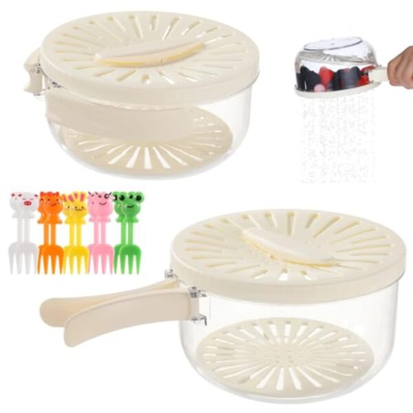 LUMINFLY 2 tigelas multifuncionais para lavagem de frutas, coador de frutas de 21 cm e 15,5 cm, alças dobráveis com 10 palhetas de desenho animado, para armazenamento de frutas e piquenique ao ar