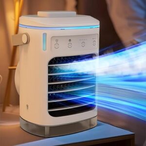 Lunovate Ar condicionado portátil, 4 velocidades 4 temporização, tanque de água de grande capacidade de 900 ml com caixa de gelo, umidificador, ventilador AC, refrigerador de ar evaporativo para casa
