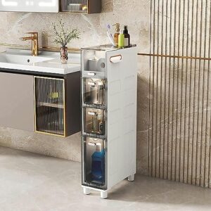 LWJYMXBD Armário de chão de banheiro estreito alto fino 5 gavetas torre de armazenamento, moldura resistente armário de armazenamento de papel higiênico estreito com gavetas e rodízios transparentes