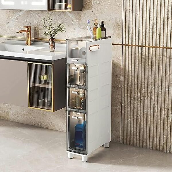 LWJYMXBD Armário de chão de banheiro estreito alto fino 5 gavetas torre de armazenamento, moldura resistente armário de armazenamento de papel higiênico estreito com gavetas e rodízios transparentes