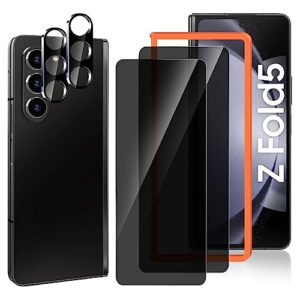 LYWHL [Pacote com 2+2] Protetor de tela de privacidade para Samsung Galaxy Z Fold 5 + protetor de lente da câmera, com moldura de alinhamento fácil instalação, película protetora de vidro temperado