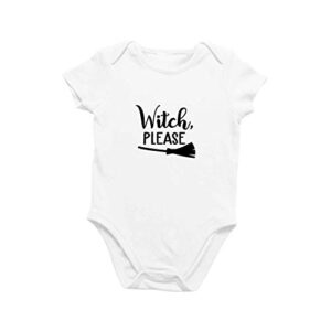 Macacão infantil orgânico de manga curta, macacão divertido para o dia das bruxas de 0 a 12 meses – Witch Please, Branco, 9-12 Months