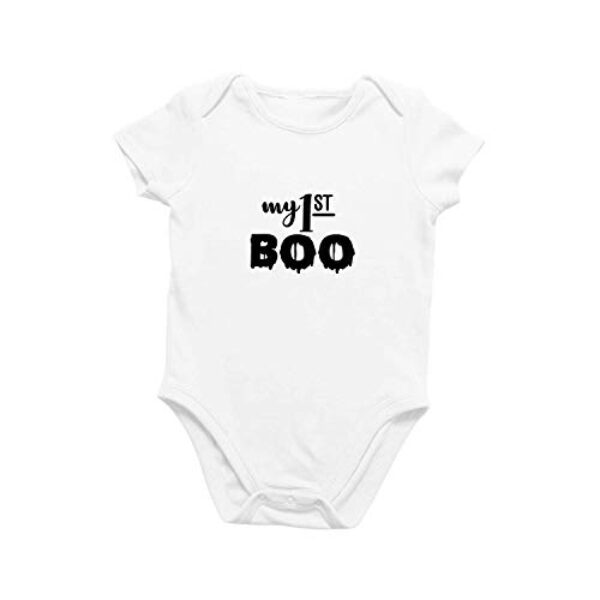 Macacão para bebê orgânico de manga curta, macacão divertido para o dia das bruxas de 0 a 12 meses – My 1st Boo, Branco, 9-12 Months