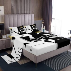Manfei Jogo de lençol Queen e Queen, coroa dourada para decoração de quarto de casal e adultos, preto e branco, 4 peças, lençol de cima + 2 fronhas