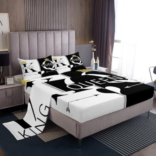 Manfei Jogo de lençol Queen e Queen, coroa dourada para decoração de quarto de casal e adultos, preto e branco, 4 peças, lençol de cima + 2 fronhas