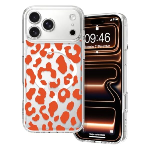 Marphe Capa magnética para iPhone 17 Pro Max 17.5 cm transparente, estampa de leopardo de guepardo fofo compatível com Magsafe transparente proteção total à prova de choque capa de telefone rígida