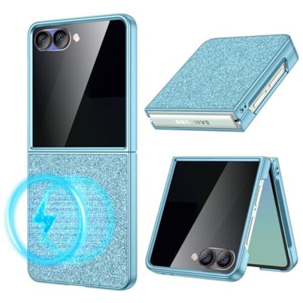 Maxdara Capa magnética para Z Flip 7, capa Bling Galaxy Z Flip 7 com protetor de tela de privacidade integrado, capa fina de luxo, azul claro (tela de privacidade)
