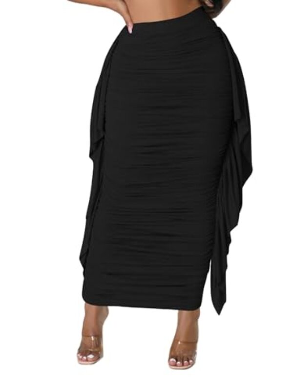 MAYFASEY Saias lápis longas femininas de cintura alta franzidas ao corpo com babados laterais e franjas, Preto, M