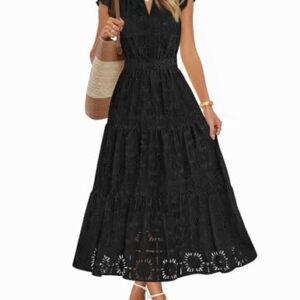 MEROKEETY Vestido longo feminino 2026 primavera renda ilhó verão manga esvoaçante em camadas Boho Flowy Floral Vestidos para convidados de casamento, Preto, G