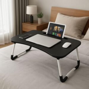Mesa Portátil Dobrável para Notebook e Leitura – Design Ergonômico e Moderno com Suporte para Tablet e Copo – Ideal para Cama, Sofá ou Escritório – Preta com Pés Antiderrapantes