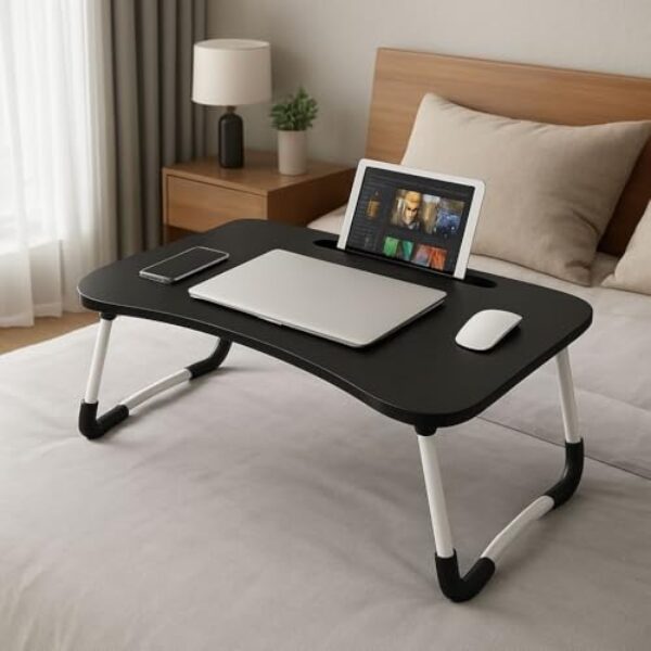 Mesa Portátil Dobrável para Notebook e Leitura – Design Ergonômico e Moderno com Suporte para Tablet e Copo – Ideal para Cama, Sofá ou Escritório – Preta com Pés Antiderrapantes