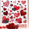 Mfault Adesivos de janela para Dia dos Namorados, corações vermelhos e pretos do amor, rosa, búfalo, xadrez, bolinhas, listras, decalques, decorações, aniversário romântico, casamento, casa, sala de