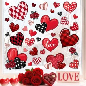 Mfault Adesivos de janela para Dia dos Namorados, corações vermelhos e pretos do amor, rosa, búfalo, xadrez, bolinhas, listras, decalques, decorações, aniversário romântico, casamento, casa, sala de