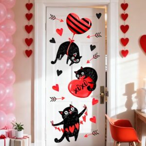 Mfault Adesivos de porta de gato preto para Dia dos Namorados, corações vermelhos do amor, flecha, decalques removíveis, presentes para donos de animais de estimação, presente romântico, aniversário