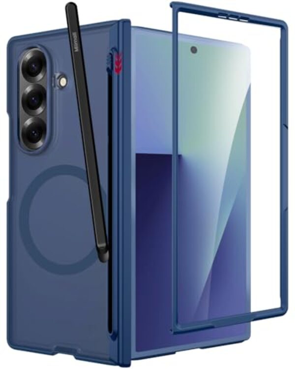 Miimall Capa para Samsung Galaxy Z Fold 7 com S Pen incluída, suporte de caneta e proteção de dobradiça, protetor de tela integrado - Capa completa fosca translúcida para Z Fold 7, azul
