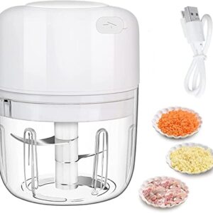 Mini cortador de alimentos elétrico pequeno processador de alimentos com colher e pincel, usado para cebola, alho, pimenta, vegetais, carne picadora, moedor/purê de alimentos (branco)