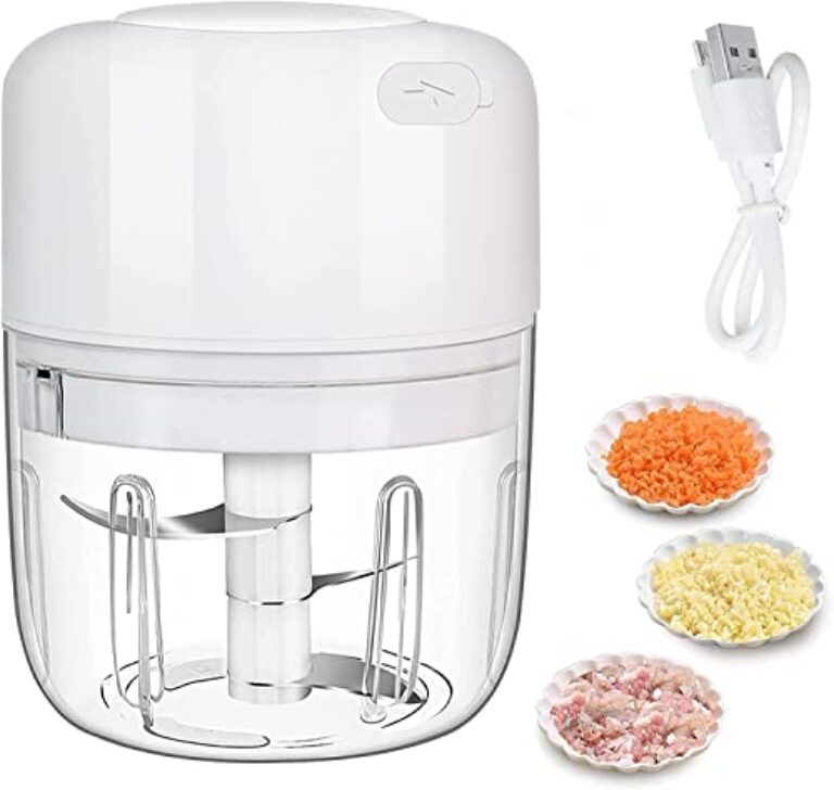 Mini cortador de alimentos elétrico pequeno processador de alimentos com colher e pincel, usado para cebola, alho, pimenta, vegetais, carne picadora, moedor/purê de alimentos (branco)