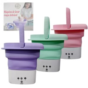Mini Máquina de Lavar Roupas Dobrável, 8 Litros, com Alça, Bivolt, Modelo KA-2648 (Rosa)