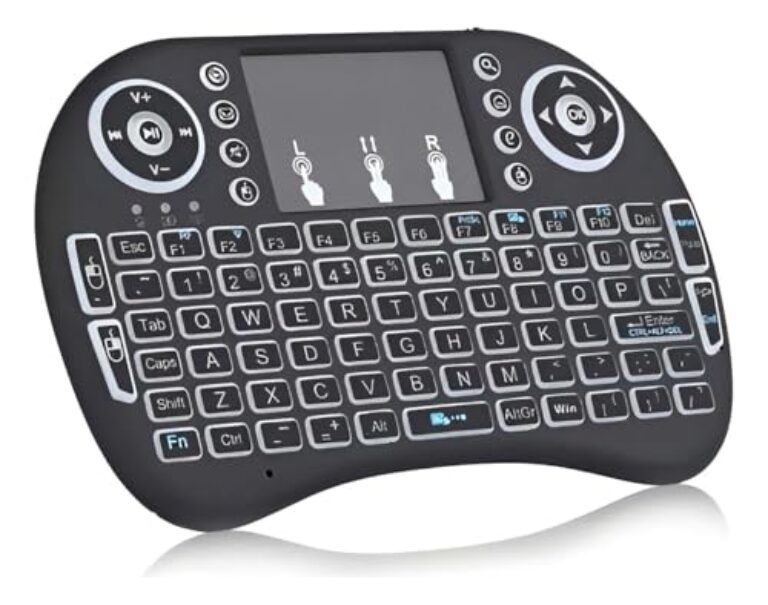 Mini Teclado Sem Fio 2.4G, Teclado QWERTY com LED RGB, Controle Multimídia e Jogos, Compatível com PC, Notebook, Android, TV Box, 16x11x3cm, Bateria Recarregável USB