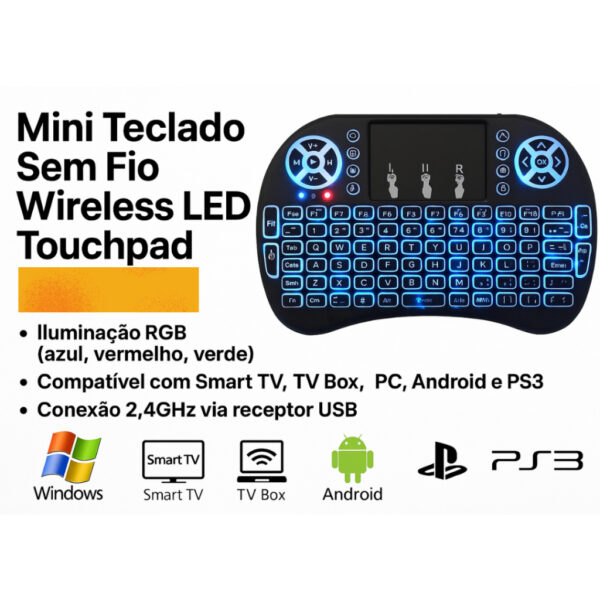 Mini Teclado Sem Fio Wireless LED com Touchpad e Iluminação LED para TV Box, Android, Smart TV, PC
