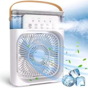 Mini Ventilador Climatizador com Umidificador e Iluminação LED RGB – 3 Velocidades, Reservatório 600ml, Temporizador e Conexão USB | Silencioso e Portátil para Casa e Escritório (Branco)