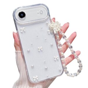 MINSCOSE Capa de celular transparente para iPhone 17 Air Clear Glitter com laço bonito pérola estética feminina com pulseira de corrente de pingentes de telefone, capa protetora macia para iPhone 17