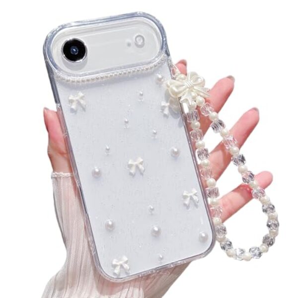 MINSCOSE Capa de celular transparente para iPhone 17 Air Clear Glitter com laço bonito pérola estética feminina com pulseira de corrente de pingentes de telefone, capa protetora macia para iPhone 17