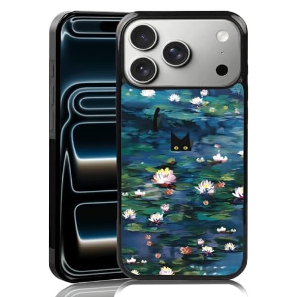 MMYAJT Capa de telefone de nenúfares adequada para iPhone 17 Pro Max — Capa protetora de TPU à prova de choque Monet Waterlily Cat Flowers Capa de telefone presente para meninos meninas homens