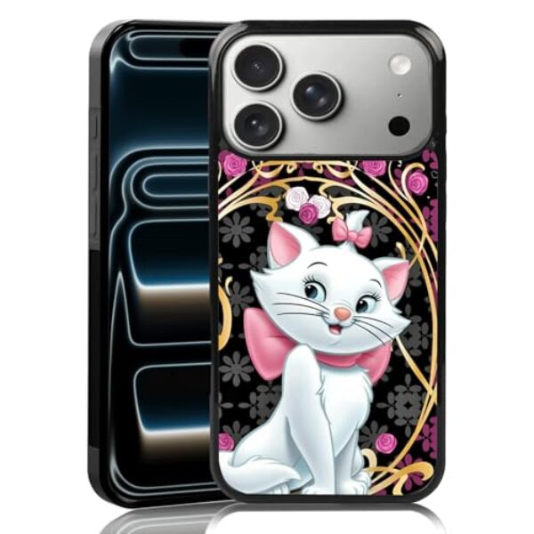 MMYAJT Capa de telefone Graceful Marie Cat compatível com iPhone 17 Pro Max — Capa de iPhone de renda dourada à prova de choque com rosas rosa fúcsia presente para meninos meninas homens mulheres