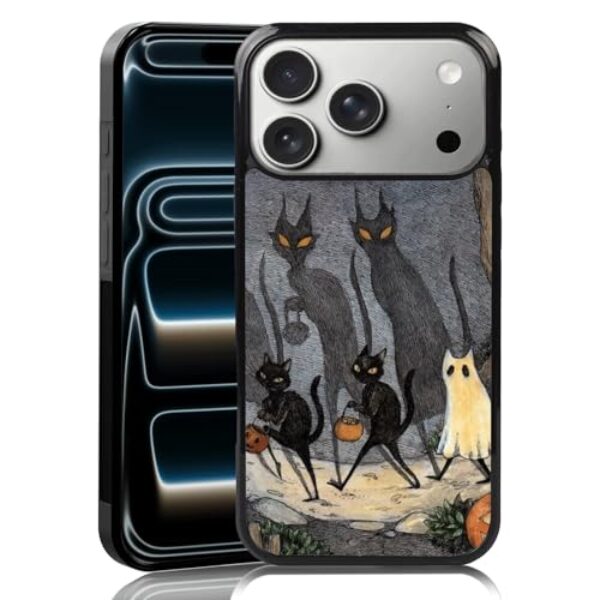 MMYAJT Capa de telefone vintage assustadora de gato preto para iPhone 17 Pro Max — Capa de telefone com estampa fofa de arte descolada à prova de choque para meninos meninas homens mulheres