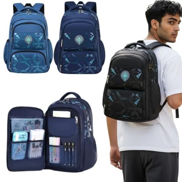 Mochila escolar de grande capacidade Unisex juvenil e adulto, muitos compartimentos (Preto)