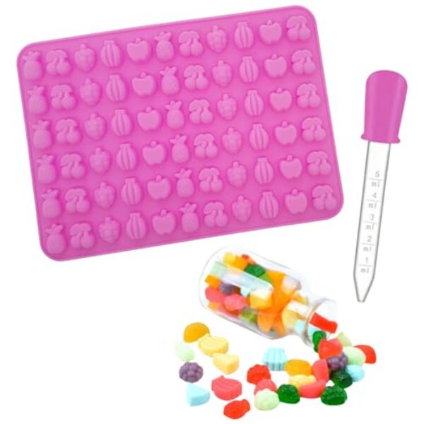 Molde de Silicone Mini Frutas 66 Cavidade Goma Doce Balas Forma Chocolate com Conta Gotas