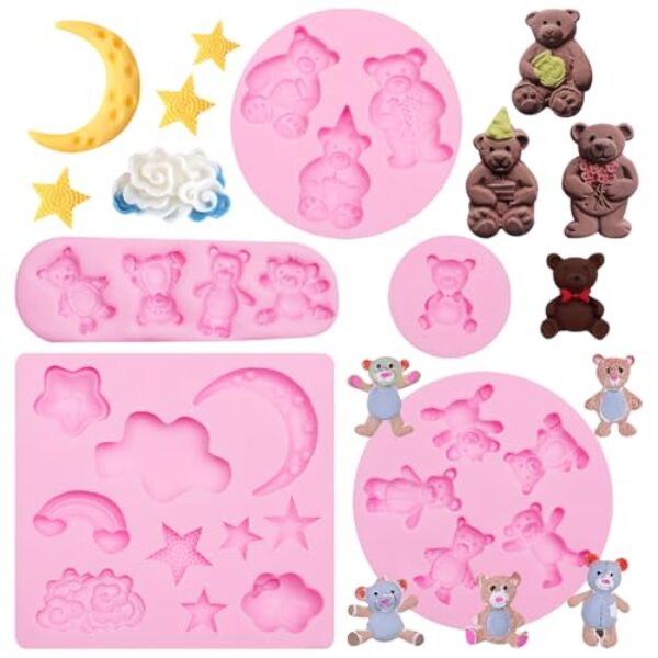 Molde de silicone para fondant de ursinho de pelúcia, 5 peças, moldes de chocolate para chá de bebê, nuvens, estrelas, arco-íris, lua, molde para decoração de bolos, cupcake de doces, topo de bolo