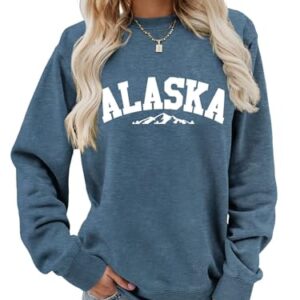Moletom Alaska retrô com estampa de montanha vintage Alasca feminino masculino casual aconchegante gola redonda manga longa pulôver tops, Estampa azul e branca, G