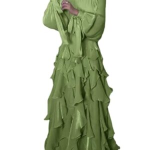 Molisry Vestido maxi feminino de outono com babados e gola alta, amarrado, boho, franja, borla, vestido de casamento longo rodado 2025, Verde, G