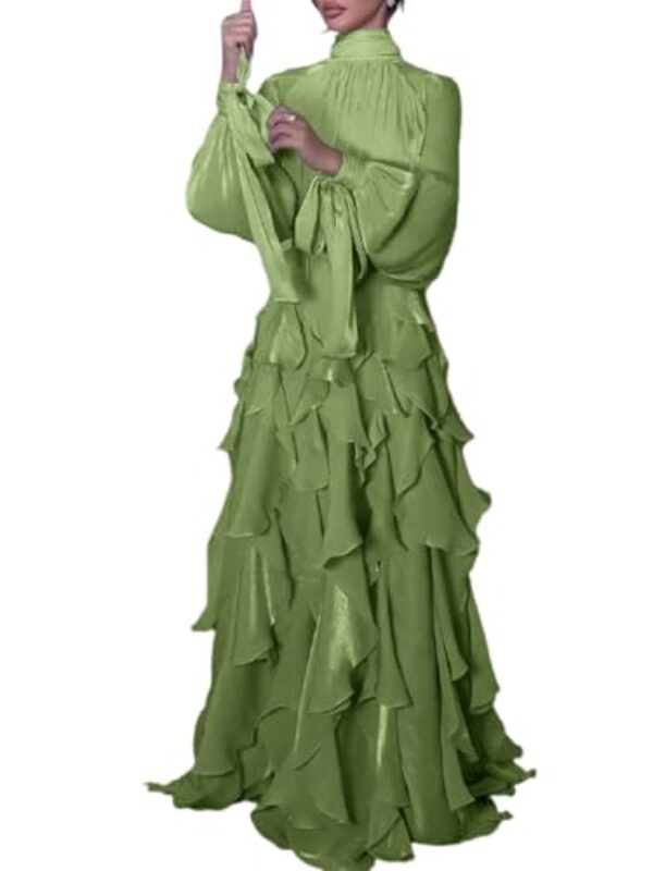 Molisry Vestido maxi feminino de outono com babados e gola alta, amarrado, boho, franja, borla, vestido de casamento longo rodado 2025, Verde, G