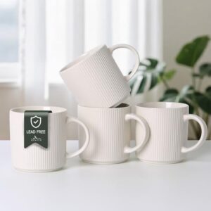 MONITO Conjunto de 4 canecas de café de 473 ml, conjunto de 4 xícaras de café de cerâmica rústica com alça grande, canecas de café de grés listradas vintage para latte, cacau, chá, leite, micro-ondas