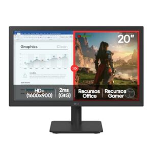 Monitor LG LED Home & Office - Tela 20” HD+, LG Switch, Modo leitura e Flicker Safe, HDMI, VGA, 2ms (GtG), 75Hz, Black Stabilizer, Dynamic Action Sync, Crosshair, saída fone de ouvido - 20U401A-B.AWZM