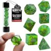 Monster Gelatinous Premium Dice Set- 7 Green Polyhedral Dice Set w Cubes Victim & Treasure Within- Handmade Premium Resin Infused w Luck- Compatible with D&D Dungeons Dragons MTG Magic & All RPG Games