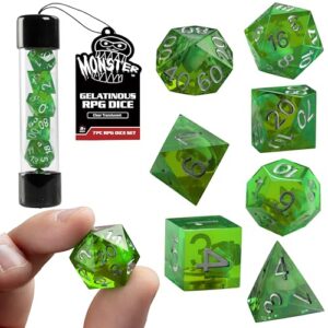 Monster Gelatinous Premium Dice Set- 7 Green Polyhedral Dice Set w Cubes Victim & Treasure Within- Handmade Premium Resin Infused w Luck- Compatible with D&D Dungeons Dragons MTG Magic & All RPG Games