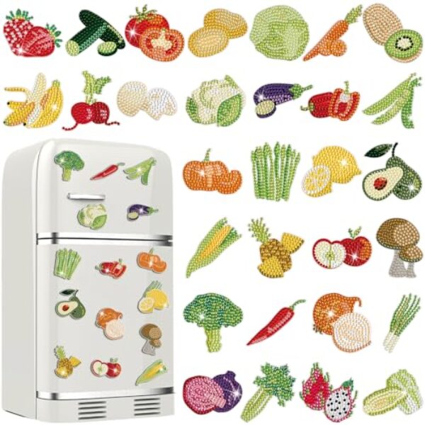 Motipuns 30 peças de ímãs de pintura de arte de diamante vegetal geladeira magnético diamante kits de pintura de arte ímã de geladeira DIY artesanato para adultos iniciantes brinquedo natal decoração