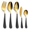 Moxinox Conjunto de 10 peças de talheres pretos e dourados, cabo colorido de aço inoxidável 18/0, inclui garfo de servir, colher de servir sólida e perfurada, colher de açúcar, faca de manteiga