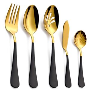 Moxinox Conjunto de 10 peças de talheres pretos e dourados, cabo colorido de aço inoxidável 18/0, inclui garfo de servir, colher de servir sólida e perfurada, colher de açúcar, faca de manteiga